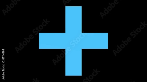 3D Blue Glass Plus Symbol Animation with Glitter Reflection Rotating on Black Background, Addition and Interface Graphic Element
