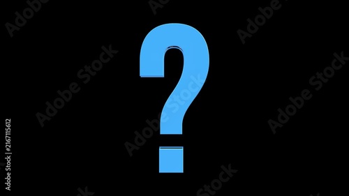 3D Blue Glass Question Mark Symbol Animation with Glitter Reflection Rotating on Black Background, Question and Information Concept
