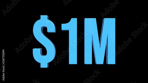 3D Blue Glass 1M dollar Text Animation with Glitter Reflection Rotating on Black Background, Luxury Money and Financial Concept