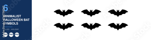 Halloween Bat Symbols, Minimalist Design Set with Silhouette Bats. Vector Illustration for Holiday Decorations
