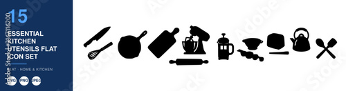 Kitchen Utensils Flat Icon Set, Essential Cooking Tools Illustration, Home & Kitchen Design Elements, Flat Design Style.