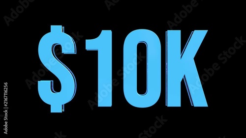 3D Blue Glass 10 Thousand Dollar Text Animation with Glitter Reflection Rotating on Black Background, Money and Financial Value Concept