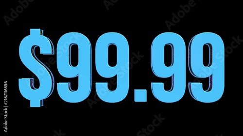 3D Blue Glass 99.99 Dollar Price Text Animation with Glitter Reflection Rotating on Black Background, Retail and E Commerce Concept