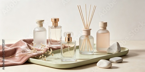 Elegant Perfume Bottles Reed Diffuser Sage Green Tray Silk Fabric Flowers