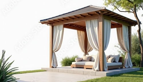Outdoor cabana with wooden pavilion, linen drapes, cushioned daybed and decorative pillows on tiled patio, sunlit tropical plants and modern minimalist styling,