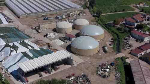 Integrated Italian Farm Producing Food, Biomethane and Renewable Energy Aerial Drone View