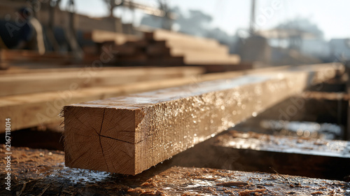 A single hand hewn keel timber resting in early morning mist above a boatyard dry dock, dew clinging to fresh timber grain, yacht construction detail, naval carpentry,