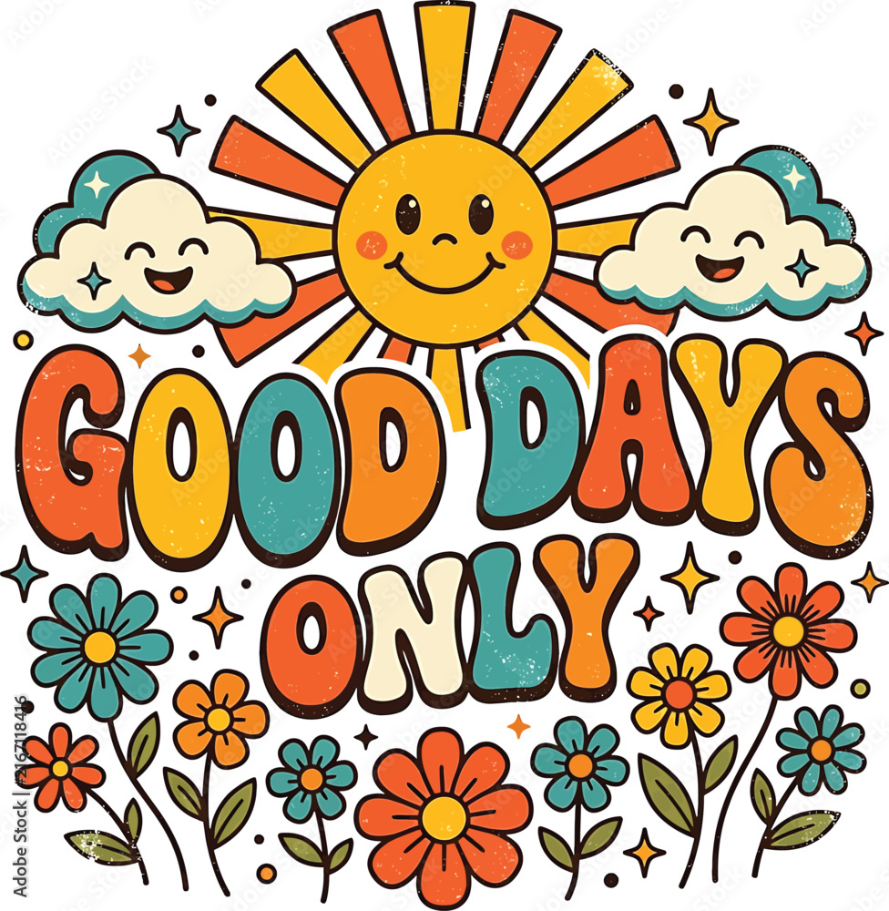 Fototapeta premium Retro vector illustration featuring a smiling sun and colorful groovy flowers