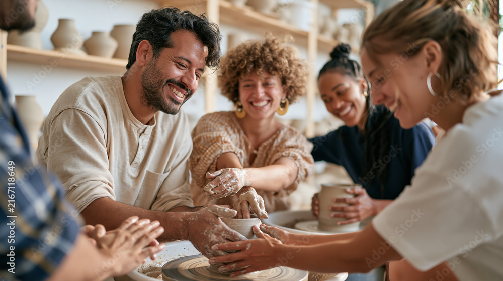 Fototapeta premium Pottery studio team of varying backgrounds centered around a shared wheel in a vibrant market venue converted into a workshop, clay-covered hands and spinning forms filling the