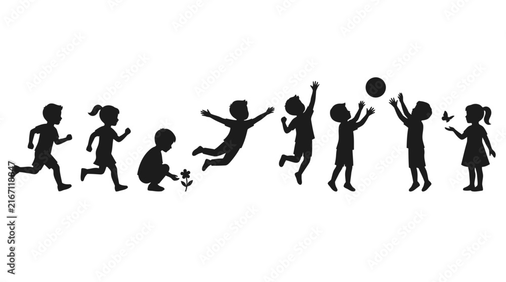 Obraz premium Playful children silhouettes running jumping playing with a ball and observing nature in black ink