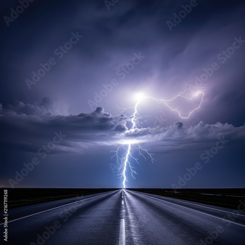 A dramatic bolt of lightning strikes the dark horizon above a long asphalt highway during a powerful nighttime thunderstorm in the wild, rain, dark, energy