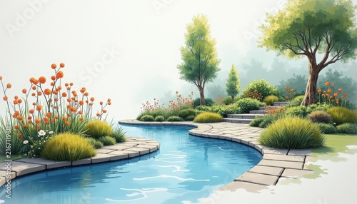 Garden pond with winding stone pathway, ornamental grasses, flowering perennials, curved shoreline, textured paving, lush planting islands, mature trees and soft sunlight,