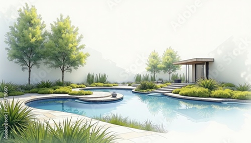 modern garden pool with curved reflecting basins, koi pond features, stone pathways, ornamental grasses, mature trees, minimalist pavilion and seating,