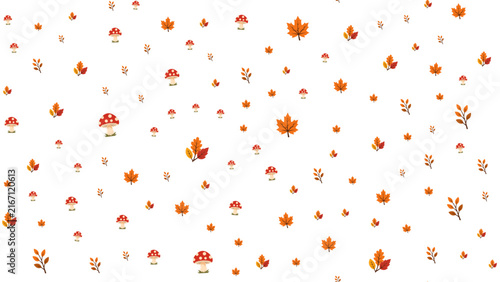 Scattered Autumn Leaves and Mushroom Seamless Pattern