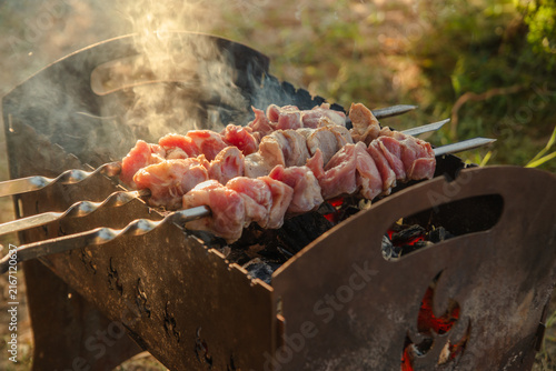 Juicy pieces of marinated meat cooking on skewers over a hot charcoal grill outdoors, surrounded by smoke and warm sunlight. High quality photo
