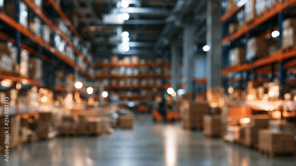 Naklejka premium Blurred interior of a large industrial warehouse with high storage shelves. Professional background for logistics and supply chain marketing materials.