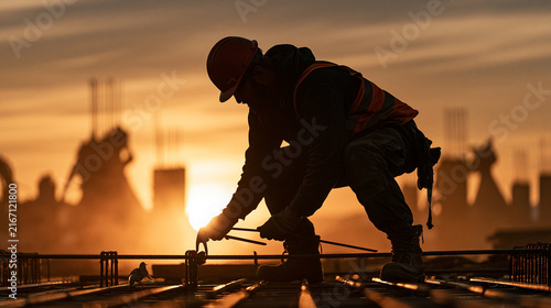 Silhouette of a construction worker tying rebar at sunset on a building site. Perfect for industrial engineering and labor concepts.