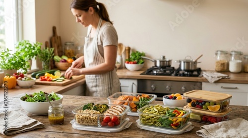 Woman Prepares Healthy Meal Prep Containers in Kitchen