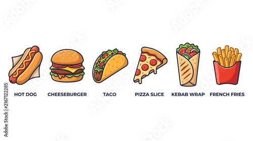 Fast food vector icon set, cartoon junk food collection with burger and pizza, 6 takeout meal illustrations for menu design