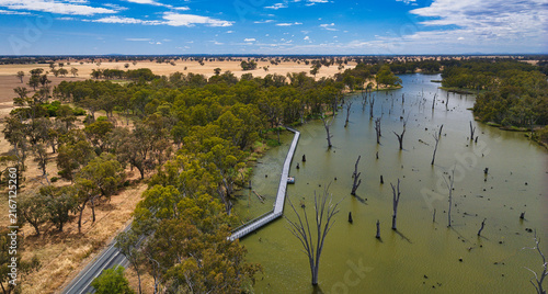 Konstfotografi Aerial view of Lake Mulwala boardwalk and farmland