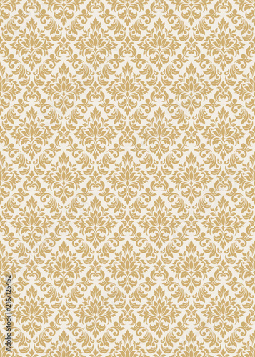 Luxury gold cream damask seamless pattern background with ornate floral motif. vector for classic vintage damask wallpaper, royal interior fabric, and elegant backdrop.