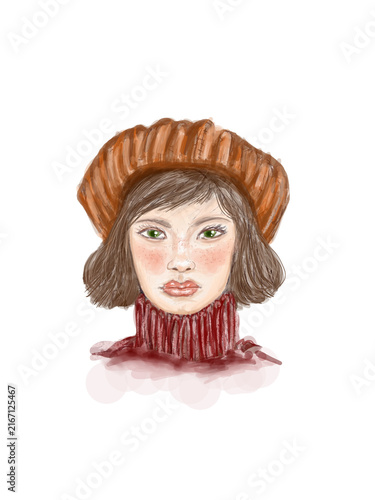Hand drawn watercolor portrait of a stylish girl wearing beret hat and autumn turtleneck sweater

portrait of a girl in a hat