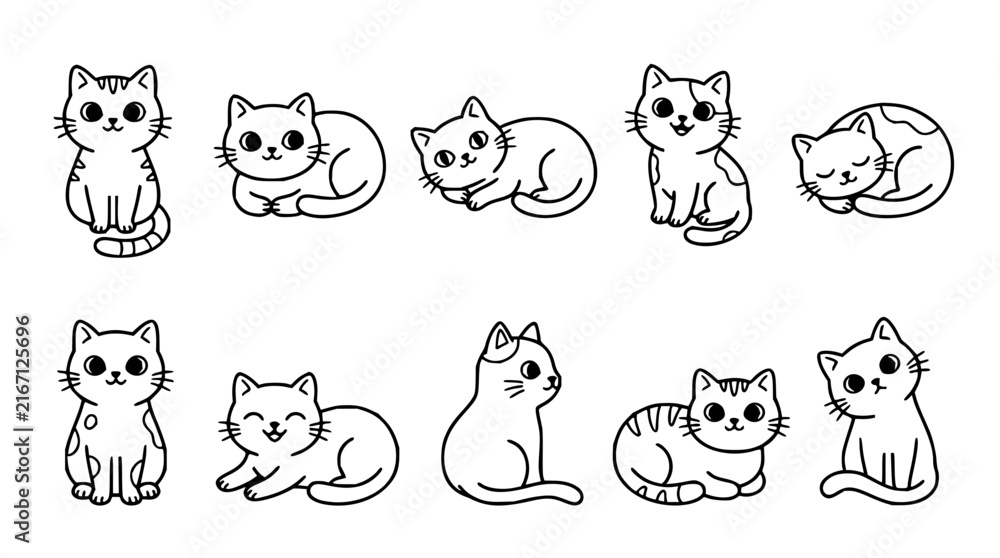 Obraz premium Cat set with sleeping, sitting, and curled poses featuring feline, whiskers, paws with minimalist style and line art