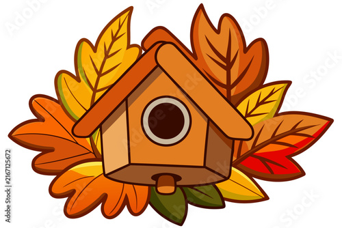 Decorative birdhouse vector illustration featuring vibrant golden autumn leaves isolated on white background for seasonal graphic design project and creative displays