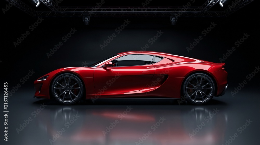 Naklejka premium Luxury Red Sports Car in Studio with Dramatic Lighting on Black Background