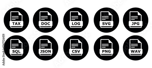 File format and document types black and white vector icon set featuring extension labels