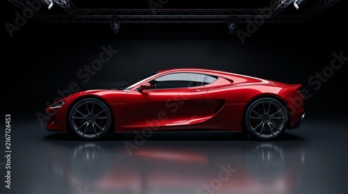 Luxury Red Sports Car in Studio with Dramatic Lighting on Black Background