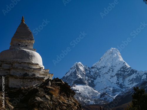 Bild auf Leinwand Beautiful white stupa in the Himalayas of Nepal within the Everest region with A