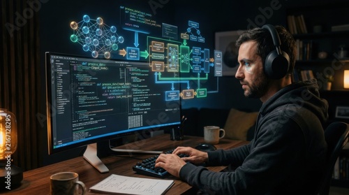 Obraz na płótnie Focused programmer studying algorithms with floating holographic code and neural architecture late at night.