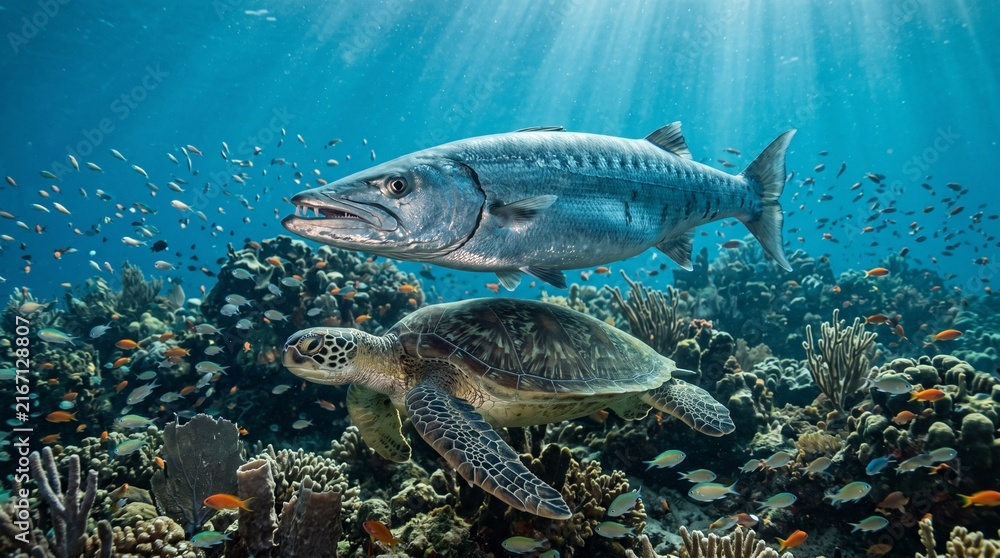 Fototapeta premium Underwater scene with barracuda and sea turtle among coral reefs