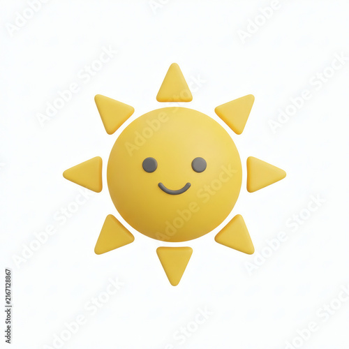 Cute yellow sun icon with smiling face 3D illustration