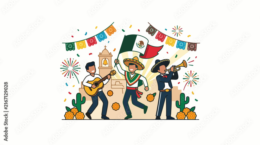 Fototapeta premium Vector illustration of Mexican men celebrating Independence Day with a flag, guitar, and trumpet, featuring festive papel picado, fireworks, and a colonial bell tower background.