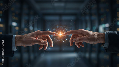 Business hands connecting digital network nodes in a dark server room