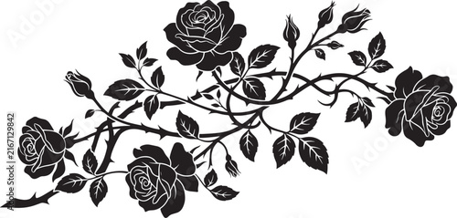 Black Silhouette of Rose Branch with Leaves and Thorns
