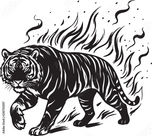 Photography Tiger fire vector illustration featuring a powerful wild cat silhouette surround