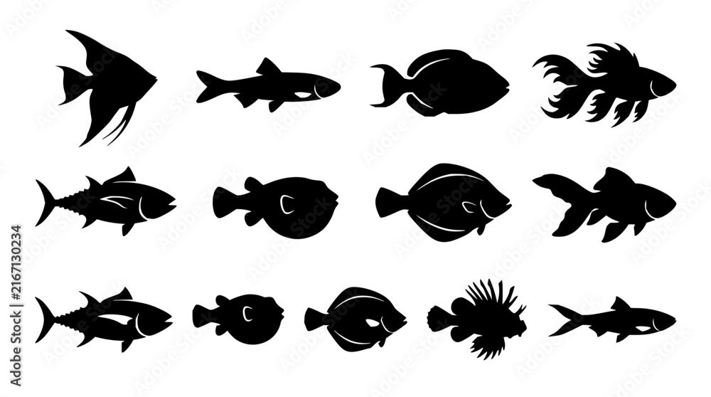 Fototapeta premium Fish set with various silhouettes featuring carp, goldfish, bream with mackerel and flounder