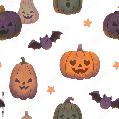 Cute Halloween PNG seamless pattern with pumpkins, bats and stars on a transparent background
