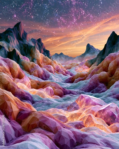Colorful alien planet landscape with glowing crystalline mountains and starry sky