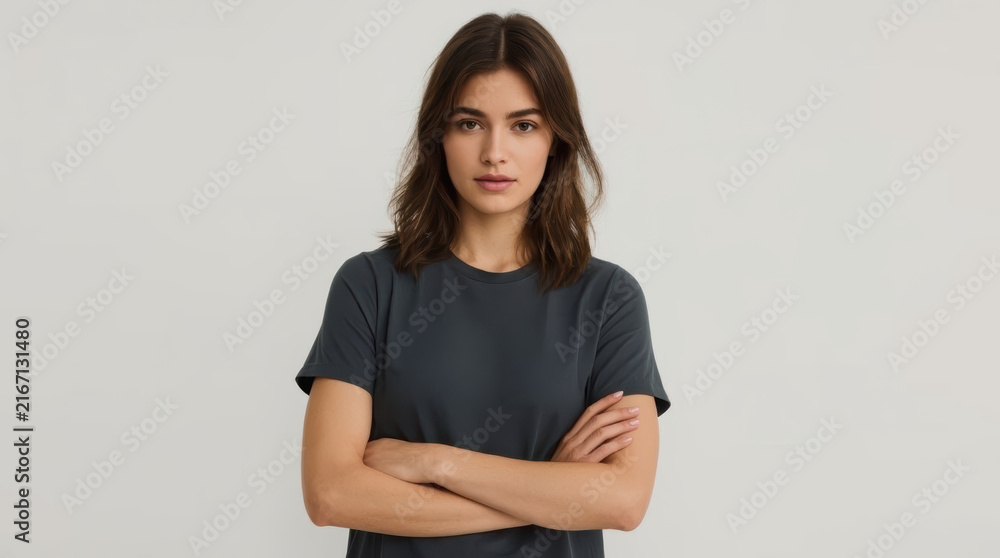 Obraz premium Woman with folded arms wearing dark crew neck shirt against neutral background