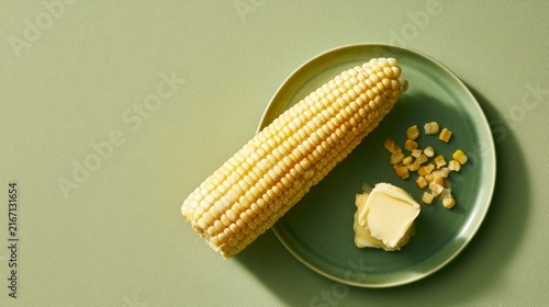Corn on the cob with butter served on a green surface
