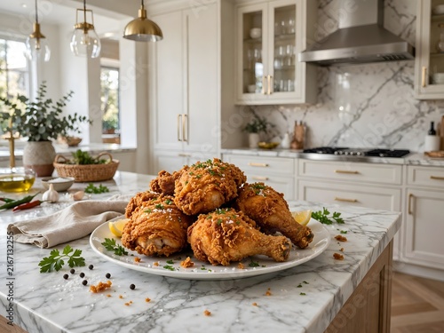 Crispy Golden Fried Chicken Served on a Plate on a Marble Kitchen Island Countertop