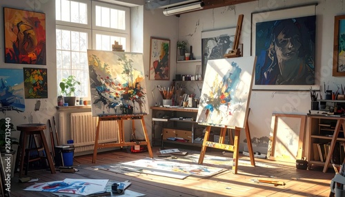 Art studio with paintings and easels.