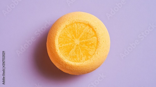 Citrus bath bomb rests on purple backdrop