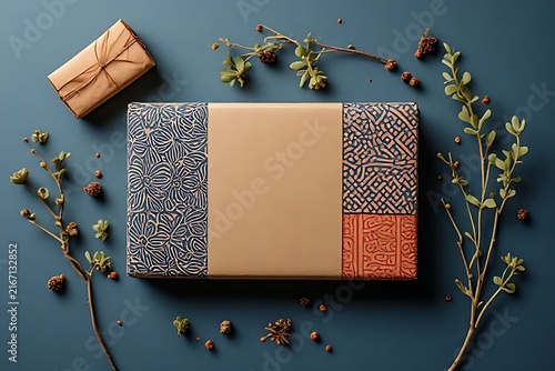 IA generated Indian Ajrakh block print paper packaging mockup. Earthy artisanal branding template with textured recycled surface.
