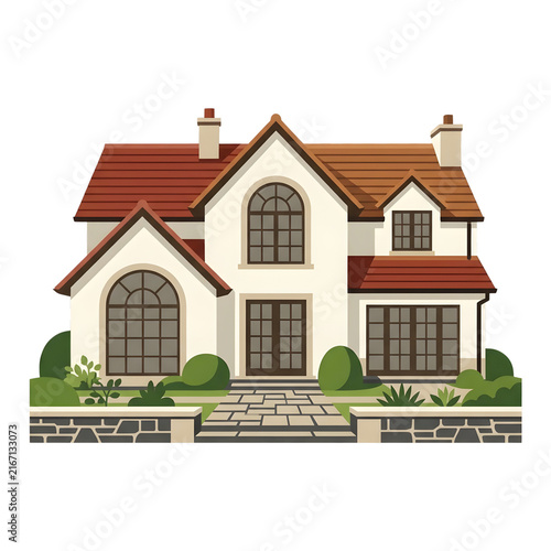 Modern Two Story Suburban House Vector Illustration Isolated on Transparent Background