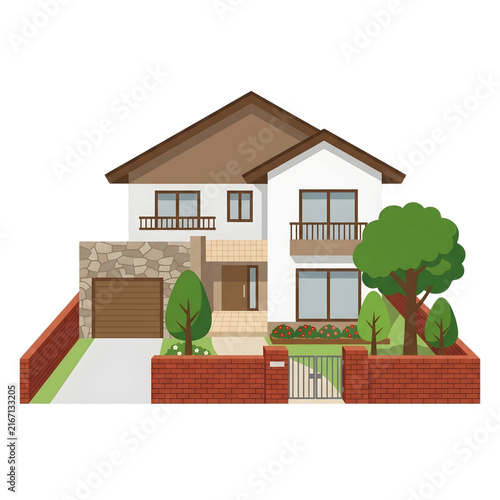 Modern Two Story House with Garage and Brick Fence Vector Illustration Isolated on Transparent Background
